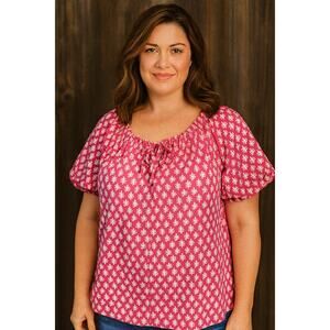 Ellos L large hot pink floral relaxed fit boho tie front blouse big bust EUC